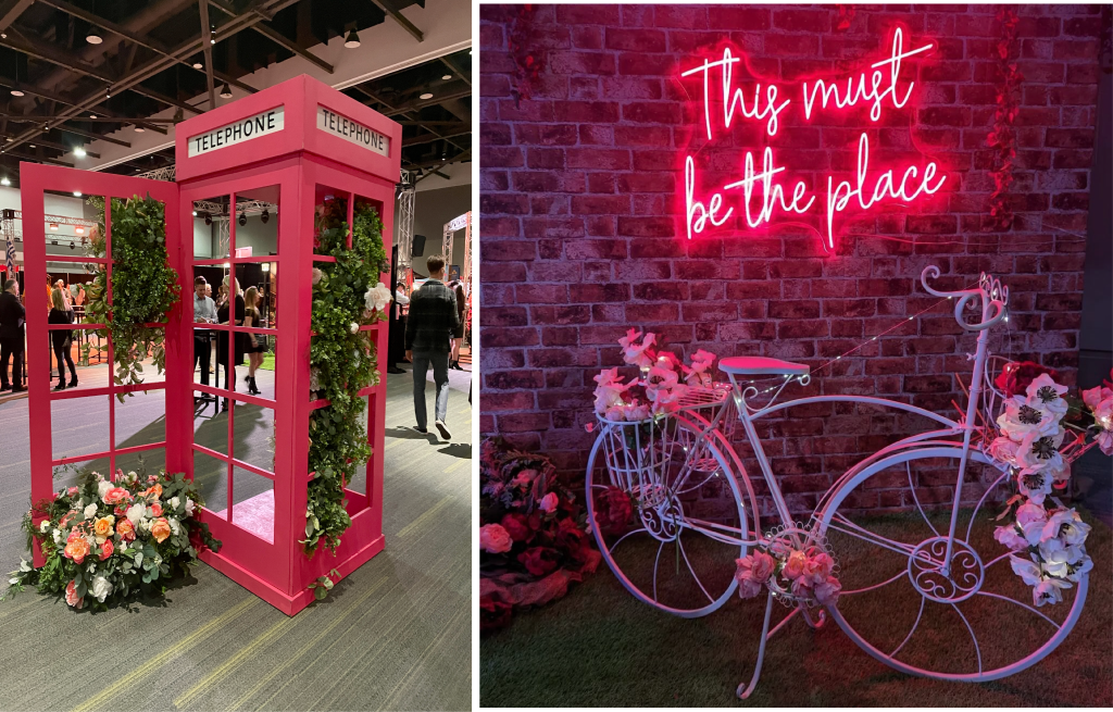 floral telephone booth and bike with neon sign