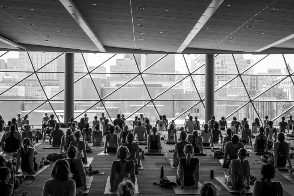 Black and White photo of yoga class in Shaw Centre