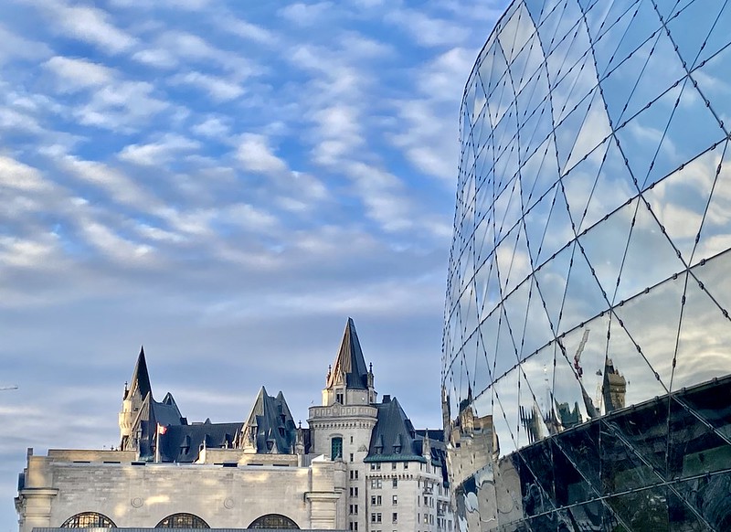 The Shaw Centre's glass facade overlooks the Chateau Laurier.
