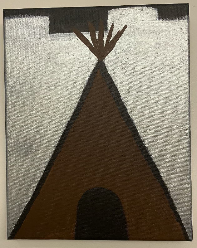Paining of brown tipi with silver background