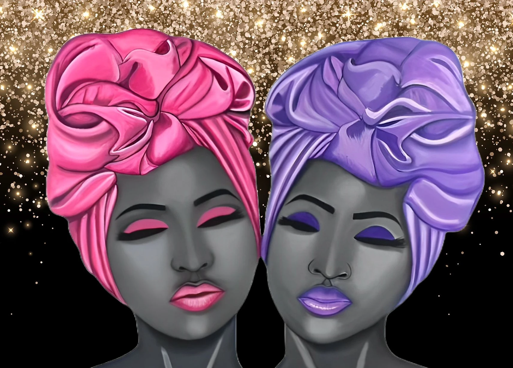 art piece with two women with pink and purple head scarves
